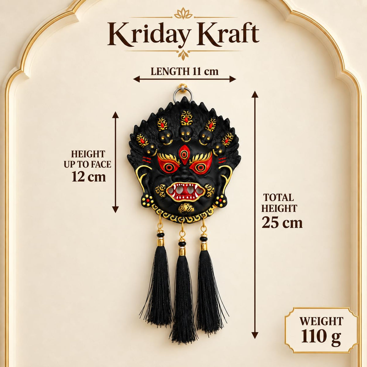 KridayKraft Kirtimukha Nazar Battu Wall Hanging with Tassels, Black Face Mask for Home Entrance, Main Door and Office Décor, Housewarming Gift.