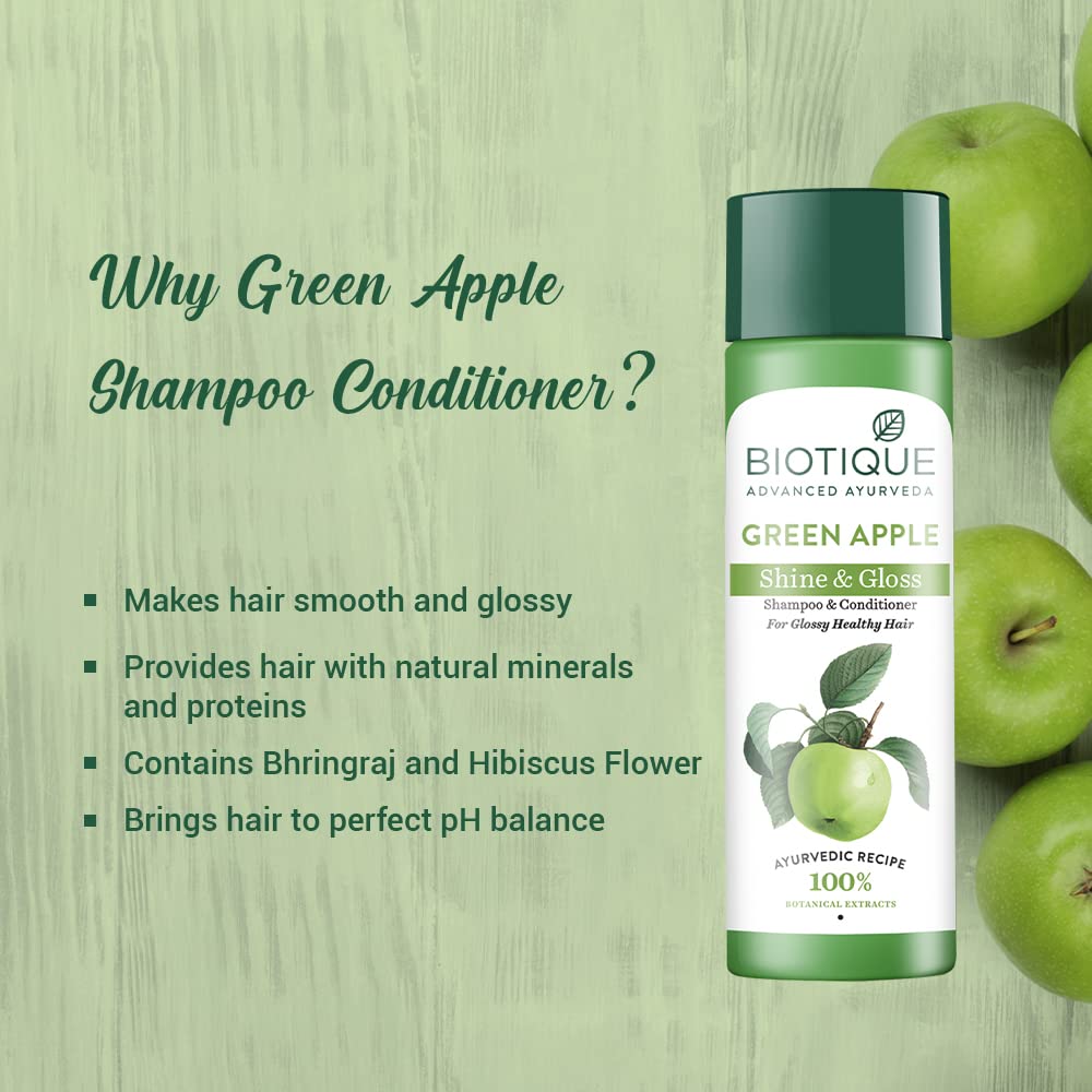 Biotique Green Apple Shine & Gloss Shampoo & Conditioner| Promotes Healthy, Shiny and Glossy Hair | Nourishes Scalp | Makes Hair Soft & Smooth |100% Botanical Extracts| All Skin Types | 120ml