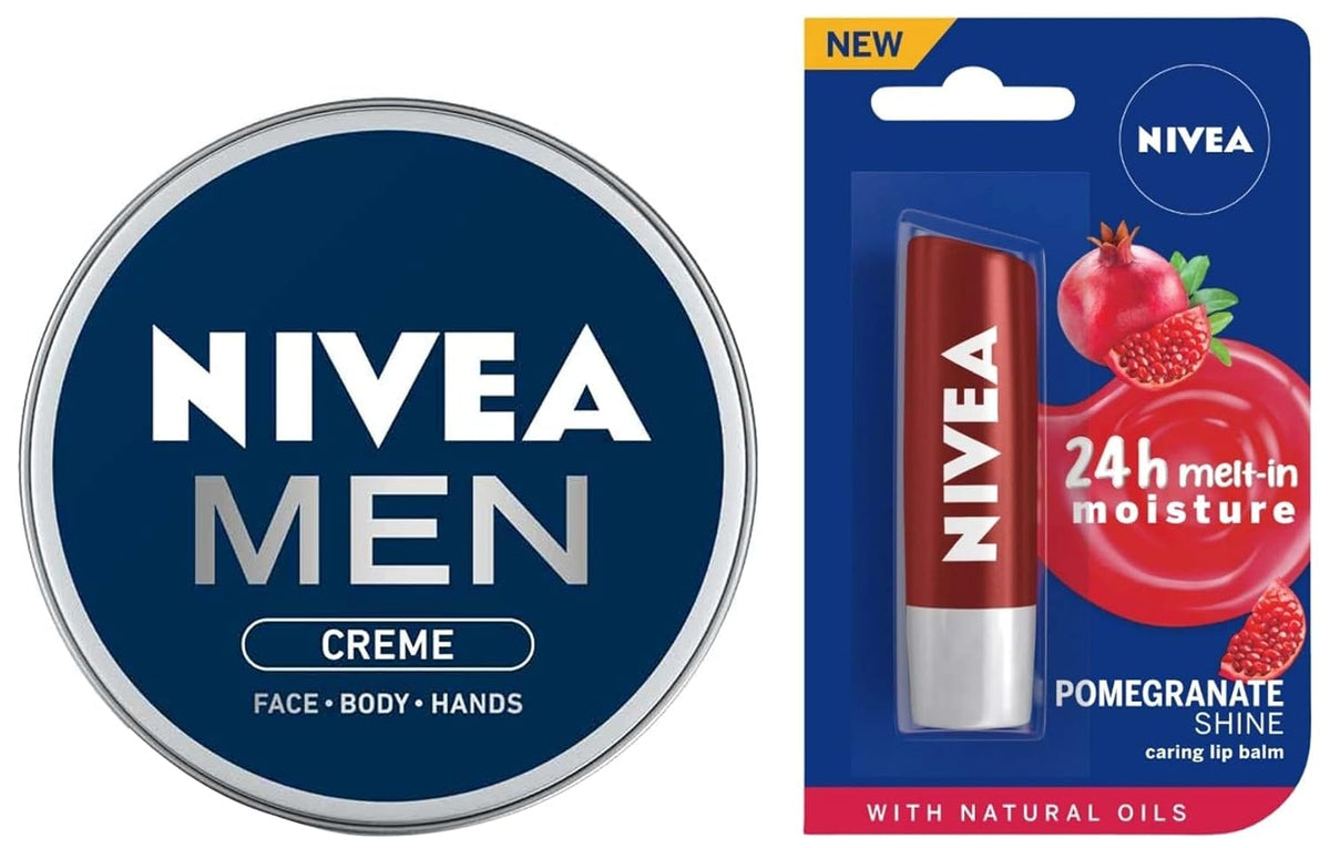Nivea Men Creme, Non Greasy Moisturizer, Cream For Face, Body & Hands, 75 ml & Nivea Lip Balm, Pomegranate Shine, 24H Moisture With Natural Oils, Dark Red Shine & Pomegrenate Aroma, 4.8 G