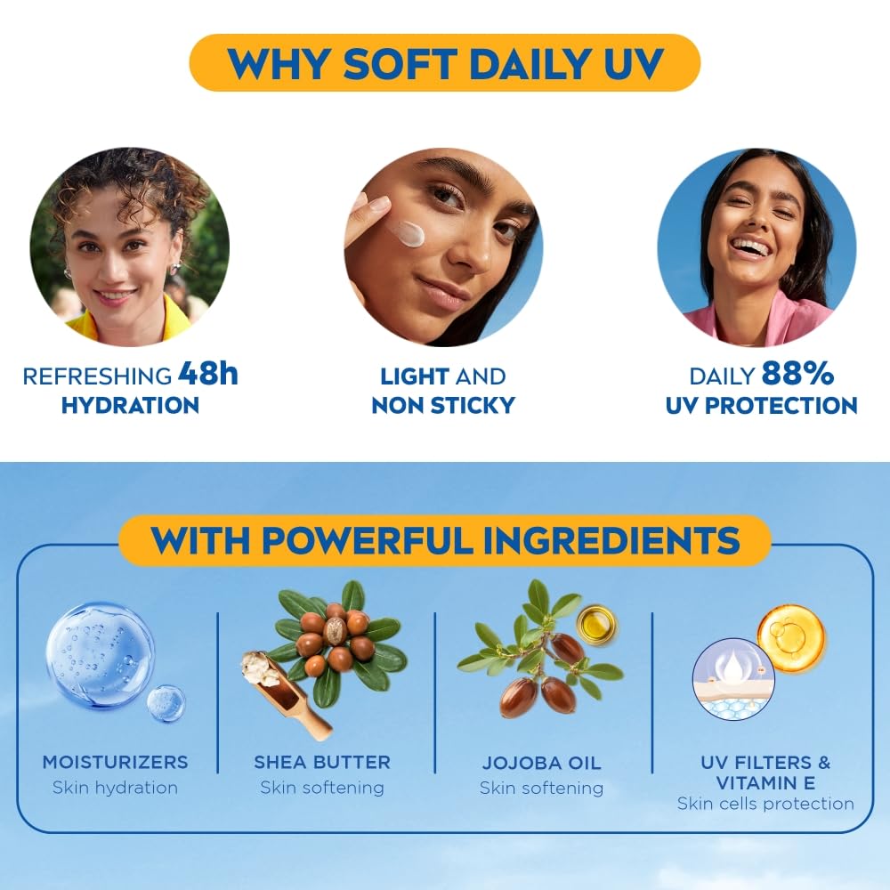 NIVEA Soft Daily SPF 15 Moisturizer | 88% UV Protection | Face & Body Cream for Healthy Glow in 5 Days | No White Cast | Vitamin E & Shea Butter | Lightweight, Quick Absorbing | 72H Hydration | 100ml