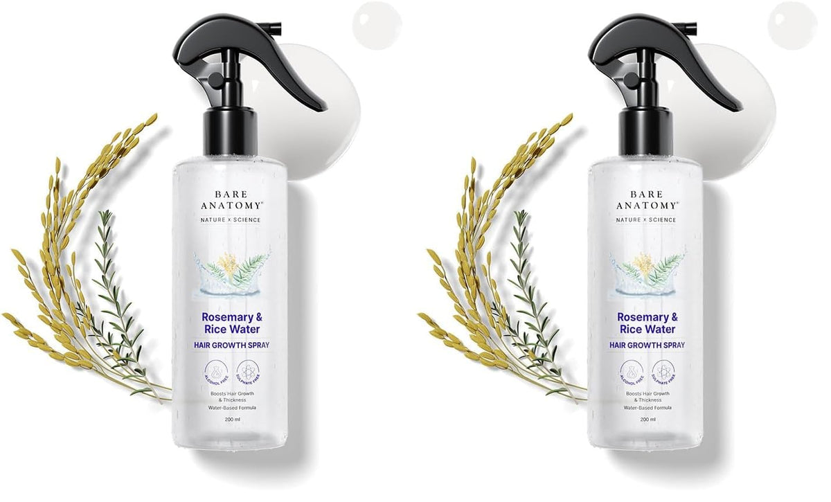 Bare Anatomy Nature x Science Rosemary Water Spray for Hair Growth & Hair Thickness with Rice Water | 100% Natural Extract | Soft & Smooth Hair | Controls Hairfall & Adds Shine | Non-Greasy & Fast Absorbing | 200 ml (Pack of 2)