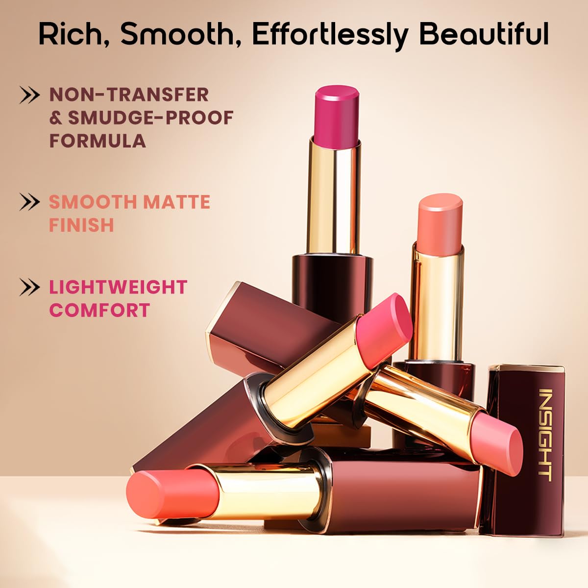 INSIGHT Pure Matte Lipstick - First Text| High Pigment, Long Lasting Smooth Matte Finish | Enriched with Vitamin E & Coconut Oil - 3.3 g (Pack of 2)
