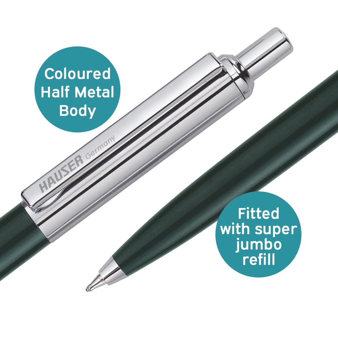 Hauser Berlin Half Metal Ball Pen Box Pack | Retractable Mechanism With Smudge Free Writing | Attractive Designer Pen | Smooth, Sturdy, Refillable Pen | Ideal For Gifting | Blue Ink, Pack of 5