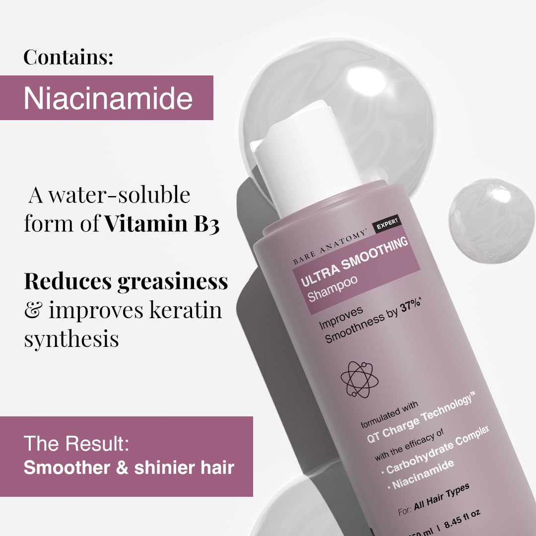 Bare Anatomy Ultra Smoothing Shampoo & Hair Serum Combo for Dry & Frizzy Hair | Carbohydrate Complex & Niacinamide | SLS & Paraben Free | Vegan | 250ml + 100ml