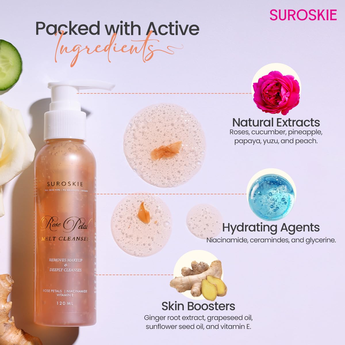 Suroskie Rose Petals Melt Cleanser 120Ml |2-In-1 Face Wash & Makeup Remover | Rose Water, Niacinamide & Vitamin E For Nourished , Brightens & Glow | Suitable For All Skin Types – Men & Women