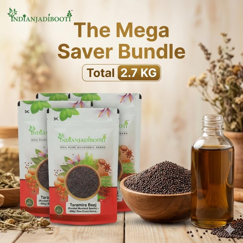 IndianJadiBooti Taramira Beej (Rocket Mustard Seeds) - 3 Packs of 900g (Total 2.7kg) | Raw Eruca Sativa for Hair Oil Extraction & Spicy Pickles | Jamba/Arugula Seeds | Mega Saver Pack