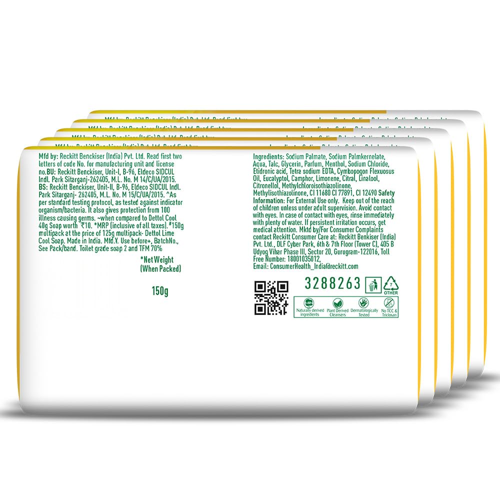 Dettol Lime Fresh (Lime Cool) Bathing Soap Bar with 12hr Freshness (750gm) |Long Lasting Freshness, 150gm Pack of 5 (3308672)