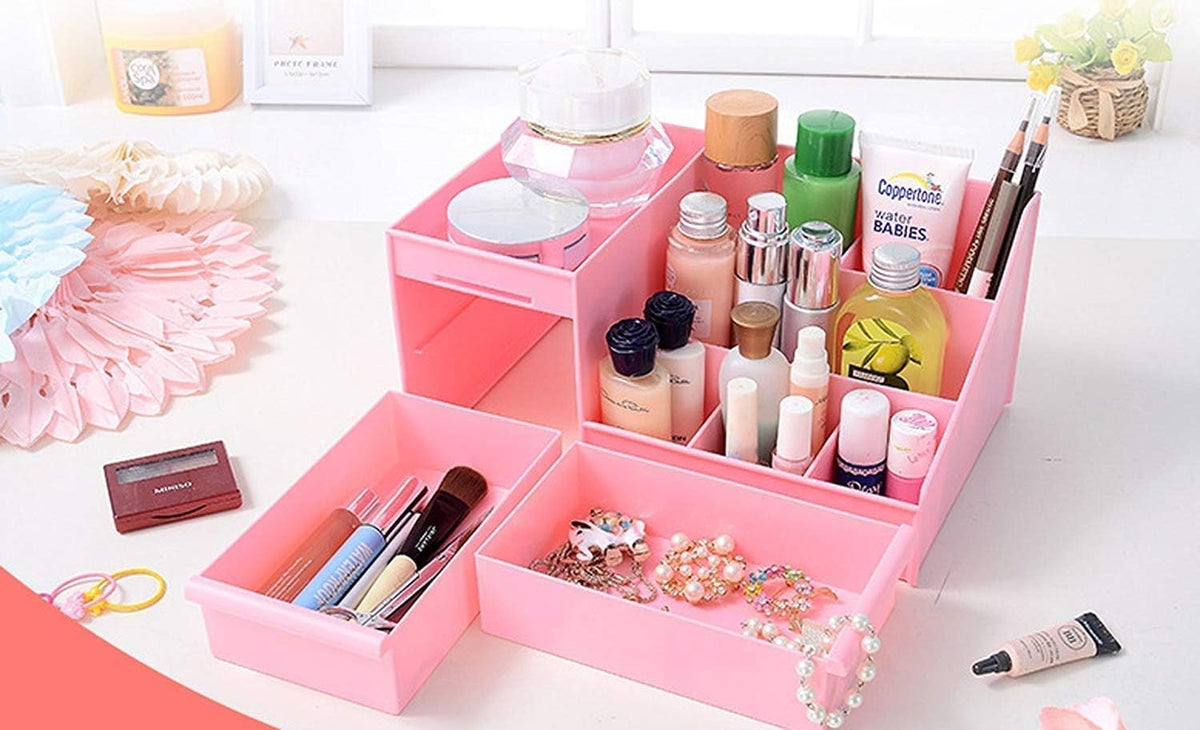 E-COSMOS Large Capacity Cosmetic Storage Box Makeup Drawer Organizer Jewelry Nail Polish Makeup Container Desktop Sundries Storage Box, Plastic (Pink)