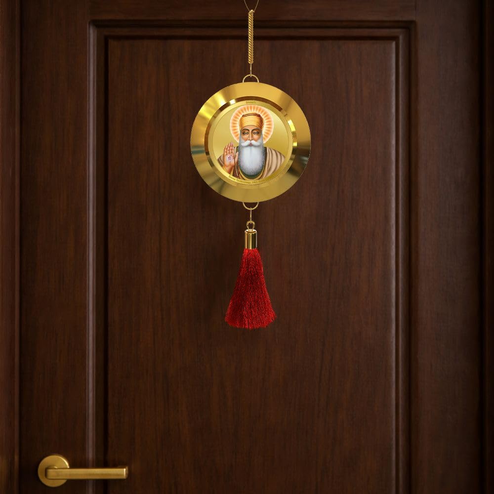 Diviniti 24K Gold Plated Guru Nanak Dev Ji Car Hanging with Ek Onkar Symbol | Double Sided Sikh Religious Hanging for Home Entrance, Car Dashboard, Mandir & Spiritual Gift Item