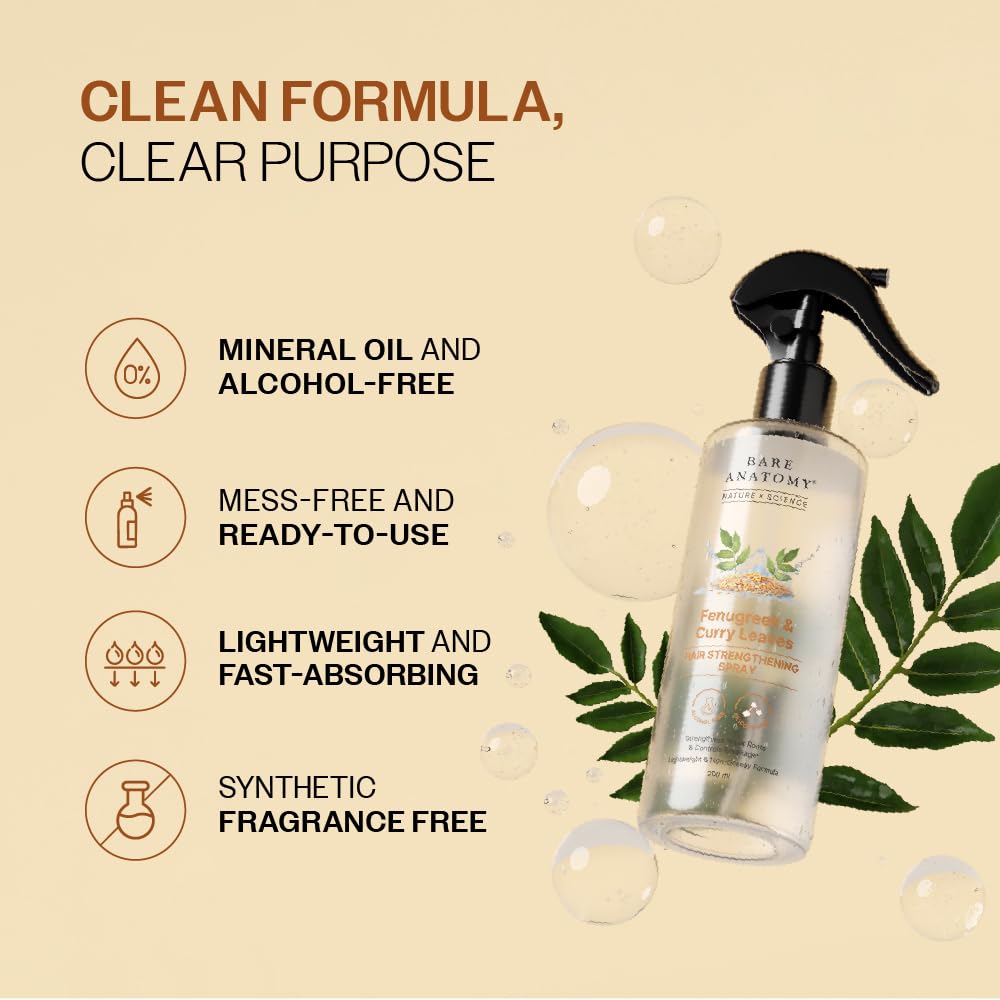 Bare Anatomy Nature x Science Hair Fall Control Spray with Methi, Curry Leaves & Amla | For Thicker, Longer Hair | Lightweight & Non-Sticky | 200ml