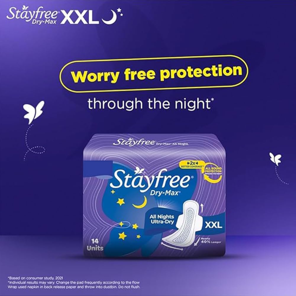 Stayfree Dry Max All Night Sanitary Pads – 42 Pads (Pack of 3 × 14) | Ultra‑Absorbent Overnight Protection | Extra Long | Comfortable Fit | Leak‑Lock Technology