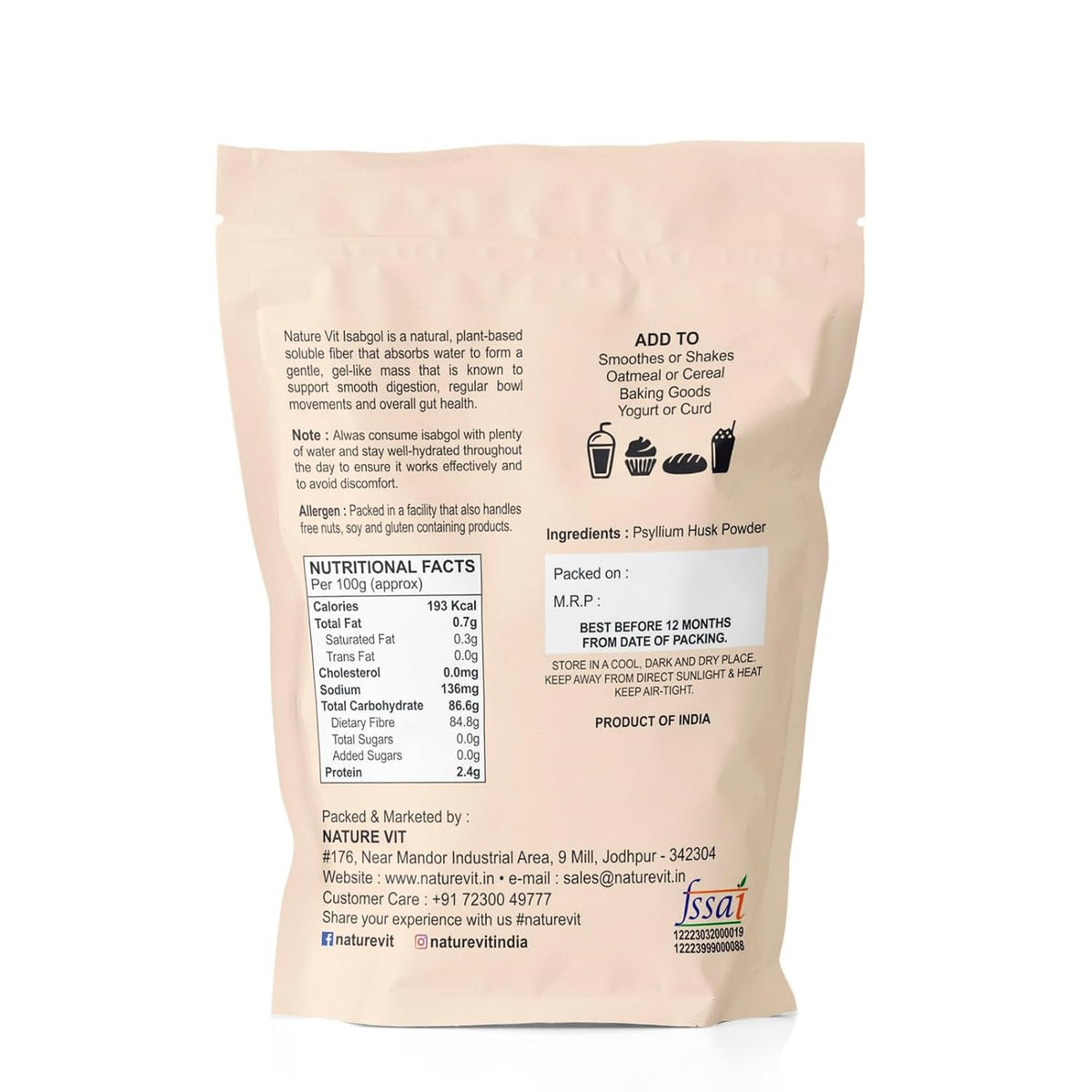 NatureVit Psyllium Husk Powder 1 kg | Natural Fiber Supplement for Digestion & Gut Health | Keto-Friendly & Gluten-Free | Ideal for Low-Carb Baking, Bread & Smoothies