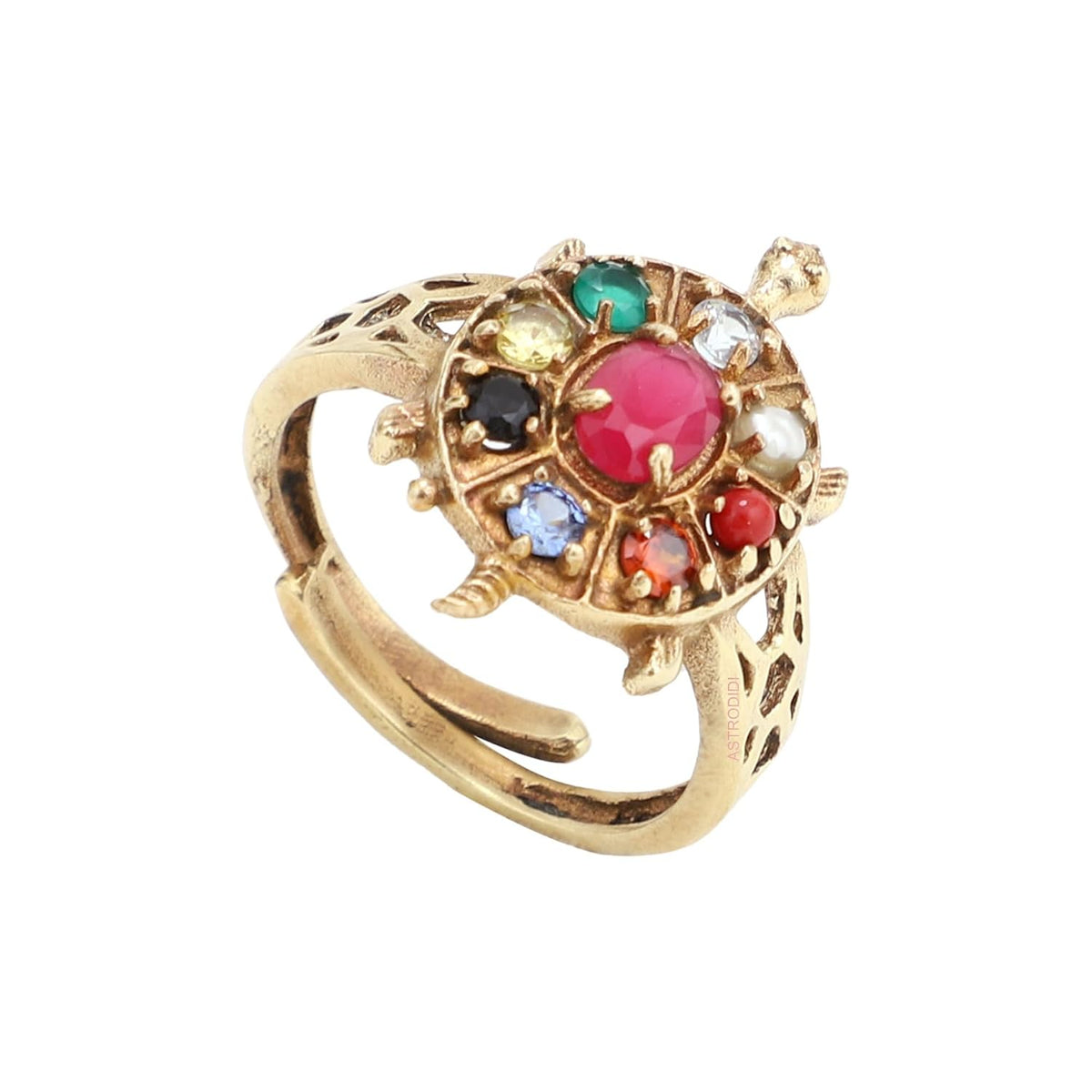 ASTRODIDI Multicolor Zircon Crystal Stone Tortoise Ring | Adjustable Brass Kachua Turtle Meru Fashion Ring For Men Women Boys and Girls