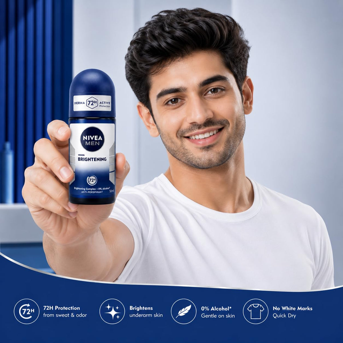 Nivea Men Brightening Complex Anti-Perspirant Roll On 50ml | 0% Alcohol Formula with 72H Sweat & Odor Protection | Brightening Underarm Care Deodorant for Men