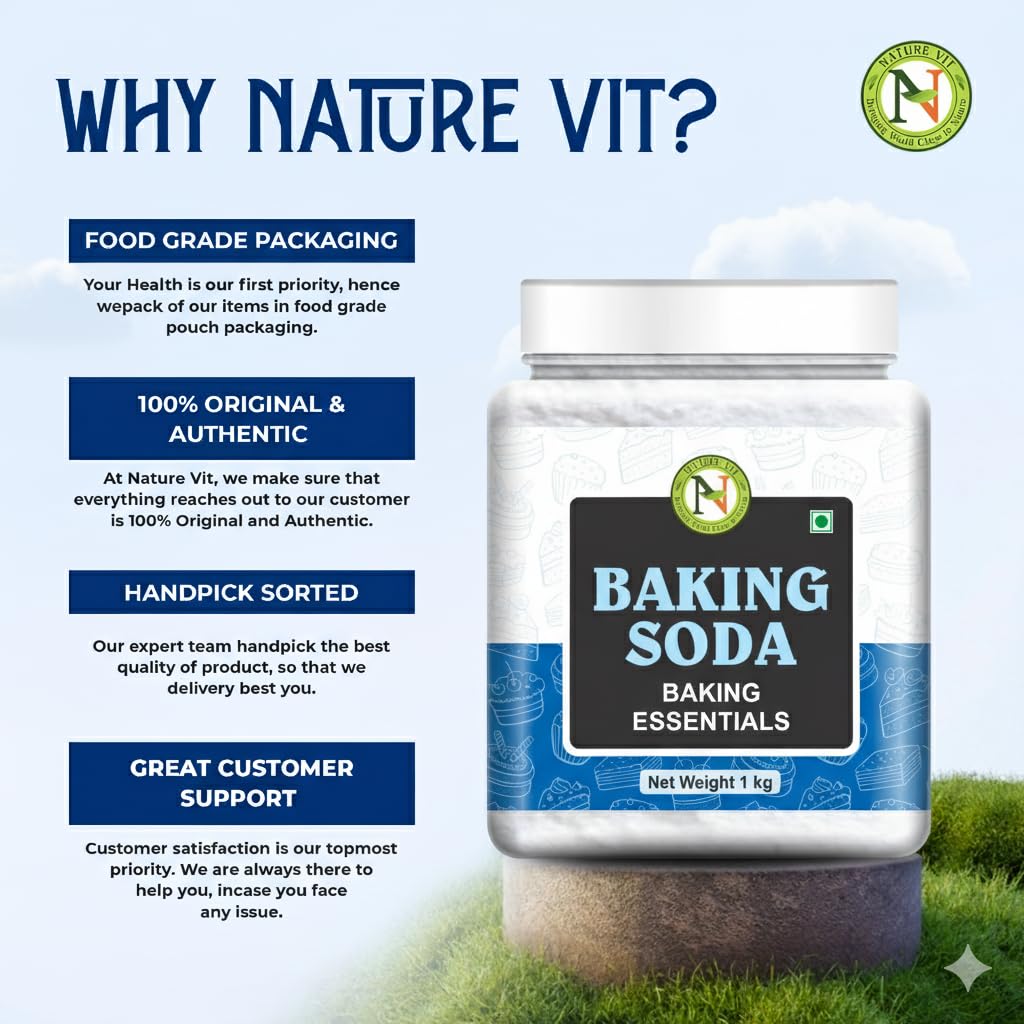 NatureVit Baking Soda 1Kg | Food Grade Sodium Bicarbonate | Triple Refined for Baking, Cooking, Cleaning & Deodorizing | Multipurpose Use