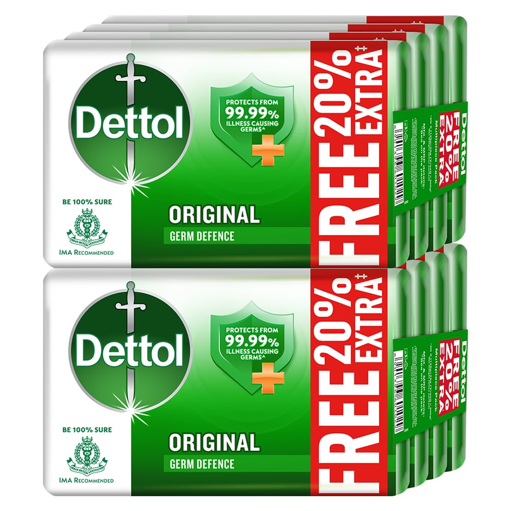Dettol Original Germ Protection Bathing Soap Bar (1200gm) | Kills 99.99% germs, 125gm + 20% Extra Free, Pack of 8
