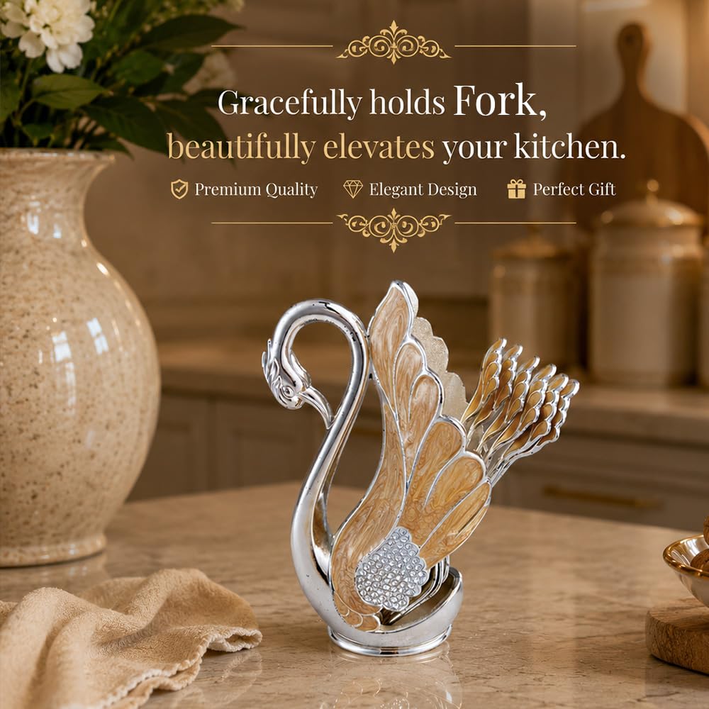 Diviniti Decorative Swan Fork Holder with Fork Set | Elegant Silver & Gold Finish | Tabletop Dining Organizer | Home Décor & Dining Table Accessory
