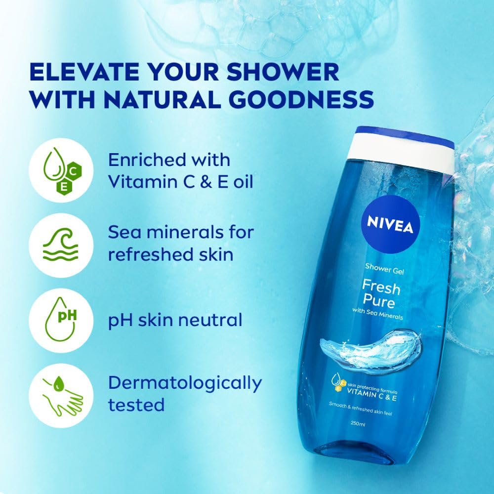 NIVEA Fresh Pure Refreshing Body Wash with Sea Minerals for Fresh, Clean Skin, Pure Glycerin, Vitamins C & E and Care Oil for Lasting Moisture, Shower Gel for Soft & Healthy & Moisturized Skin, 125 ml