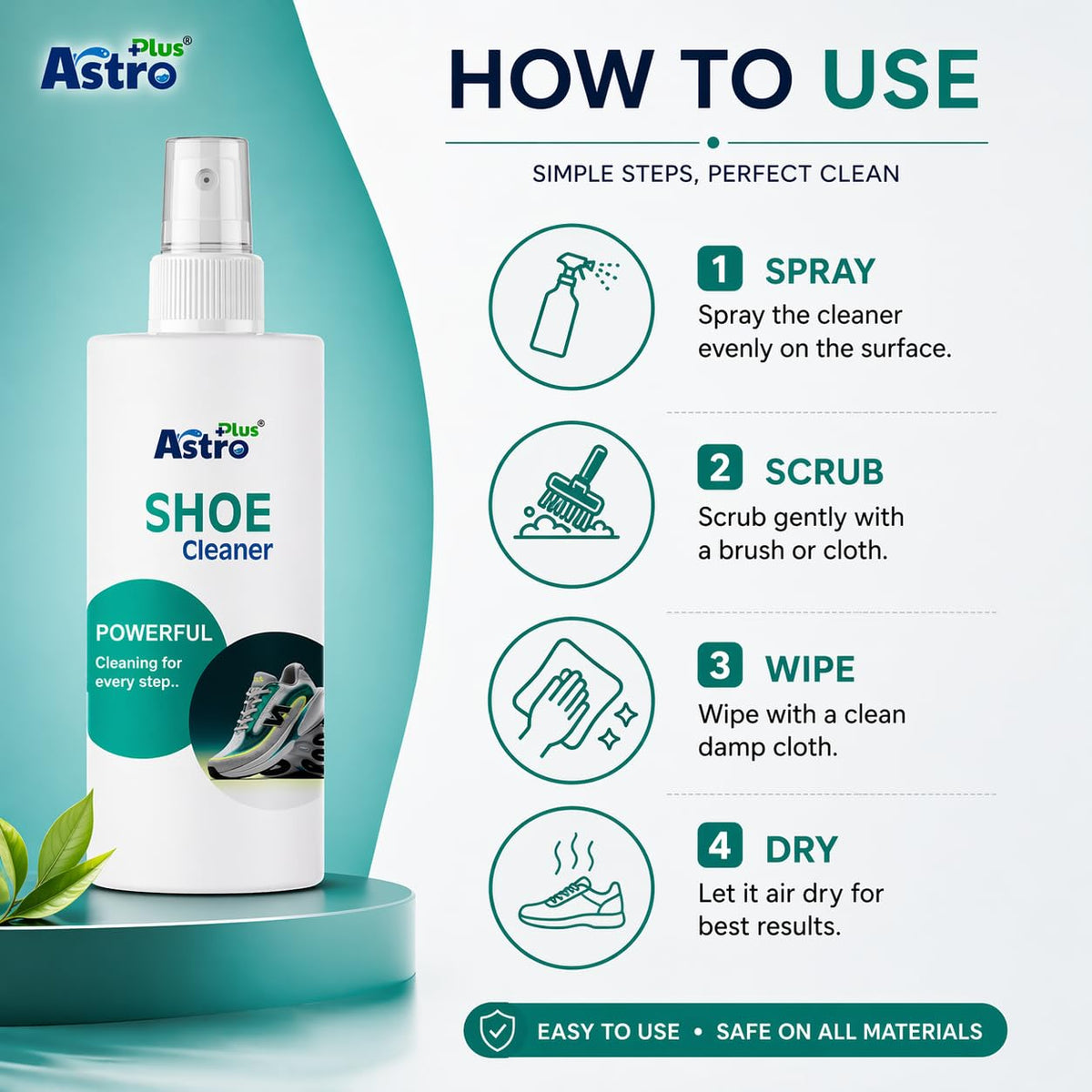 ASTRO PLUS + Shoe Cleaner 200ML | Powerful Deep Cleaning Spray for Sneakers, Leather, Canvas & Sports Shoes | Removes Dirt, Stains & Odor | Quick Dry, Non-Sticky, Safe on All Shoe