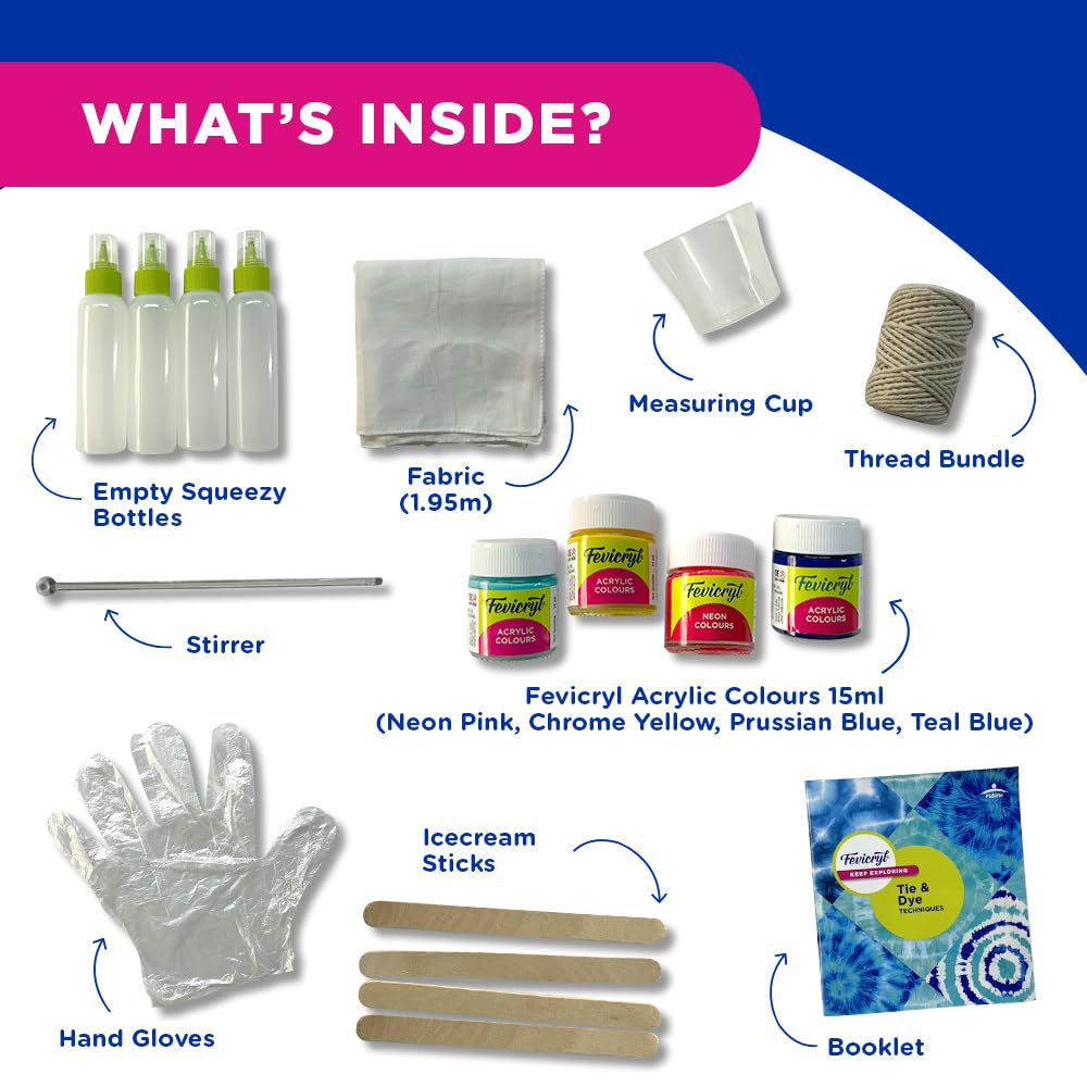 Fevicryl Tie & Dye Multicolor Kit | Complete DIY Fabric Colour Kit with 4 Acrylic Colour, 1 x 2 feet Fabric, 4 Squeezy Bottles | Ideal for Gifting, Beginners & Art Enthusiasts