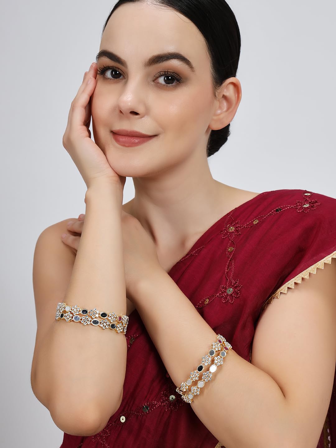 NMII Golden Metal with Zircon Diamond & Mirror Work Bangles Set For Women & Girls | Stylish Girl's Bangles Bracelet | Diamond Stone Bangles | Ethnic Jewellery Set Wedding, Party- Set of 4