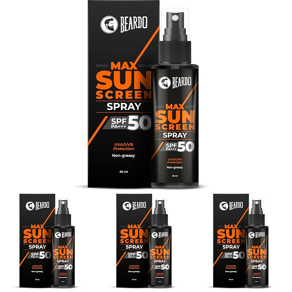 BEARDO Max Sunscreen SPF 50 & PA+++ Spray for Men | Non-greasy Sunscreen for Oily Skin | UVA UVB Protection | 50ml (Pack of 4)