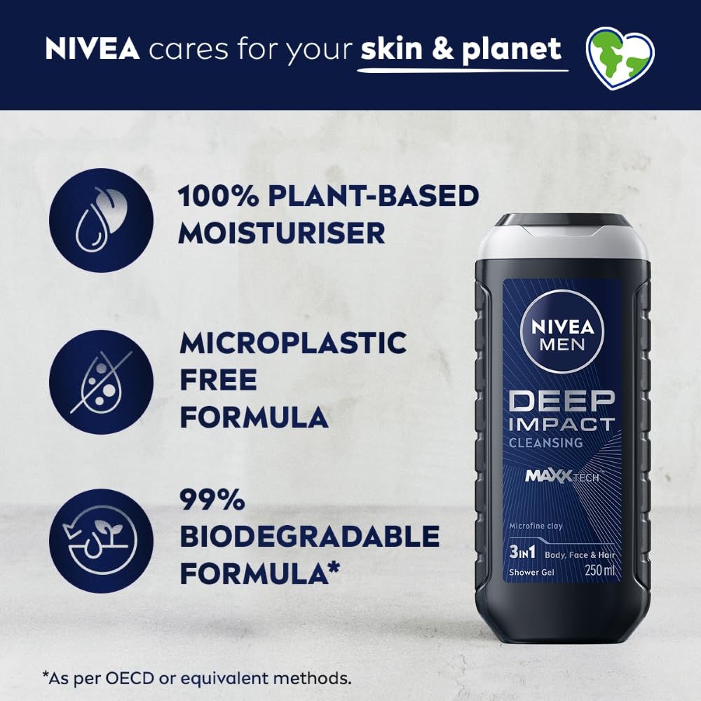 Nivea Men Body Wash, Deep Impact, 3 In 1 Shower Gel For Body, Face & Hair, With Microfine Clay, 250ml