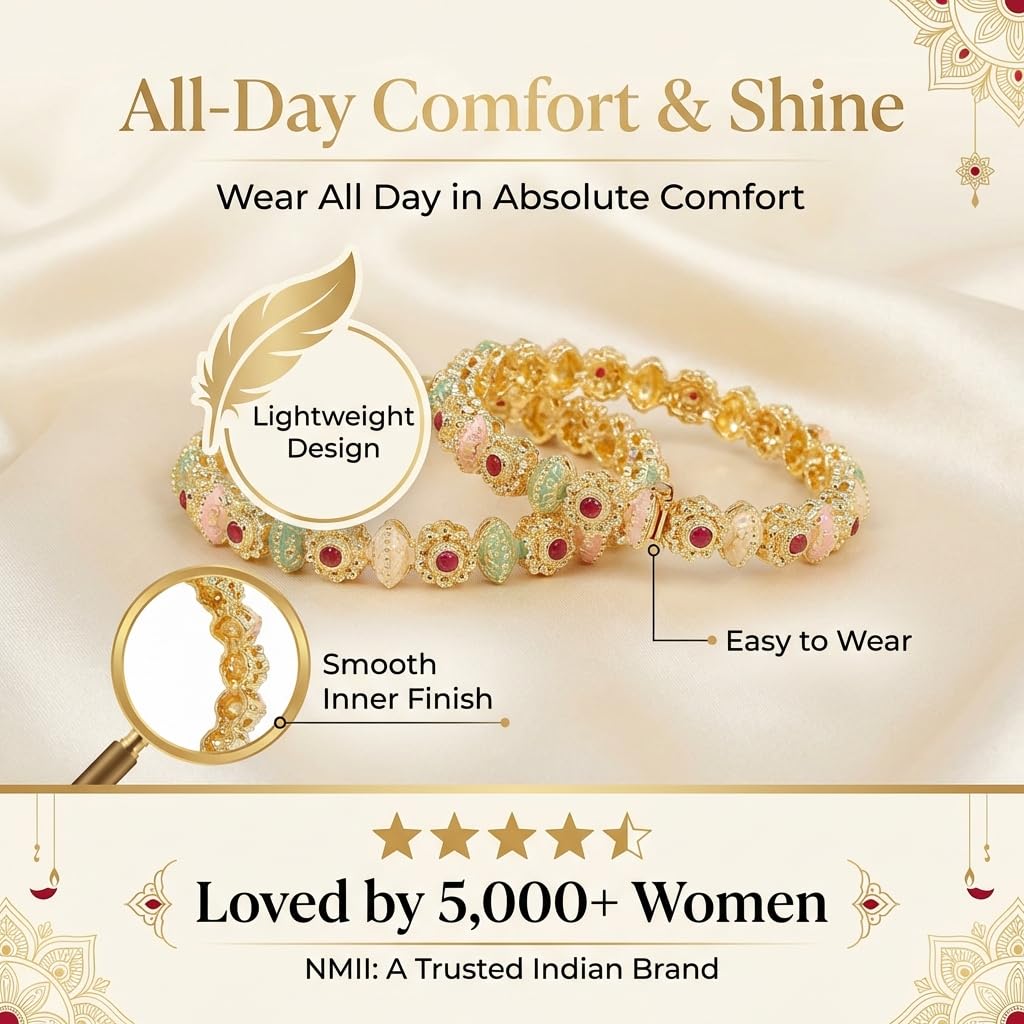 NMII Traditional Gold Plated Metal with Red Zircon GemStone Bangles Set For Girls & Women | Premium Rajwadi Kangan Set | Girl's Bangles Bracelet | Stylish Kada For Women