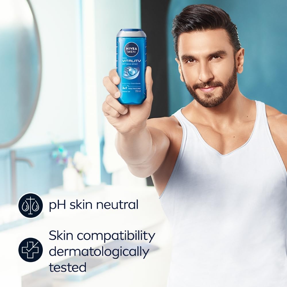 NIVEA MEN Vitality Fresh 250ml Body Wash| Shower Gel for Face, Body & Hair| Power of Ocean Minerals| Long Lasting Summer Freshness |Clean, Healthy & Moisturized Skin