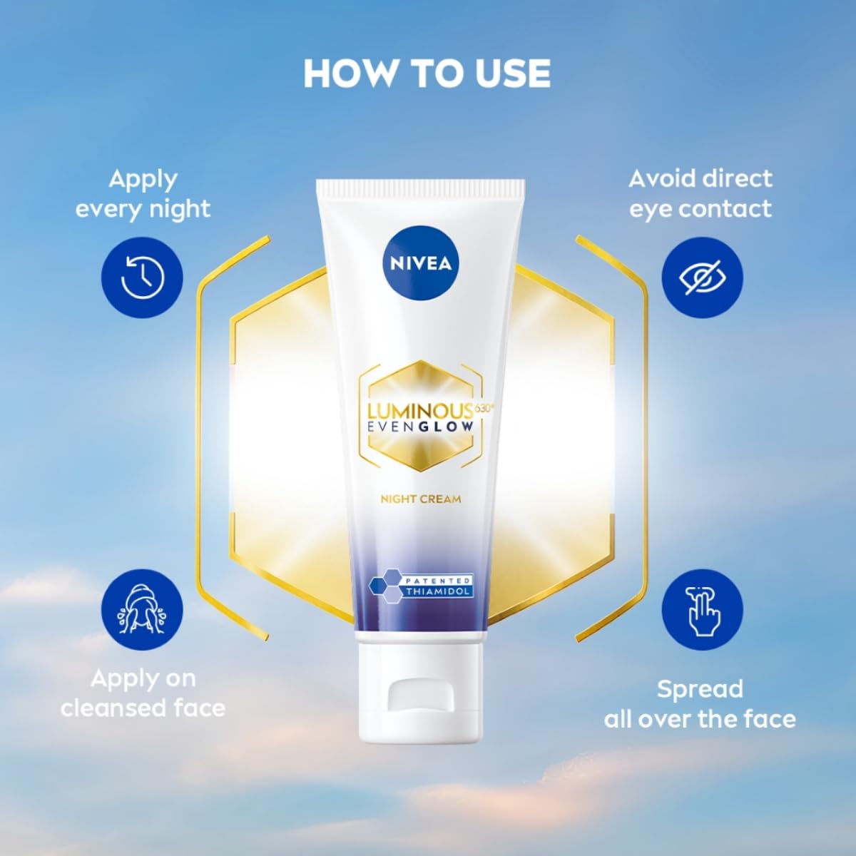 NIVEA Luminous Even Glow Night Cream & Moisturiser | Patented Thiamidol (60X More Effective Than Vitamin C) | Dark Spots & Pigmentation | Hyaluronic Acid Brightening Night Cream for Even Skin Tone & Deep Hydration | 40ml
