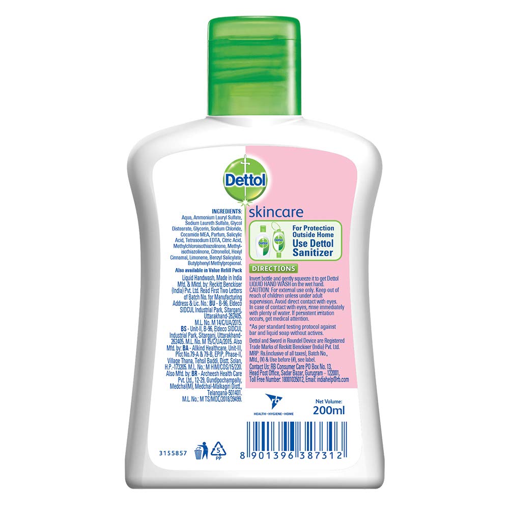 Dettol Skincare Germ Protection Handwash Liquid Soap Flip Top, 200ml