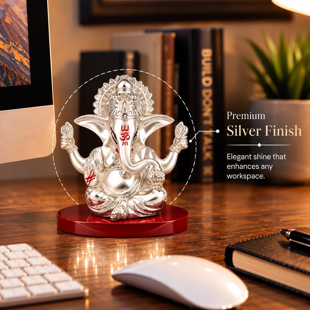 DIVINITI Premium Four Hand Ganesha Idol with Silver-Tone Finish & Vibrant Accents | Lord Ganesh Ji Showpiece with Stable Base & Premium Gift Box | Home, Mandir, Office & Gifting | 8 x 8 cm