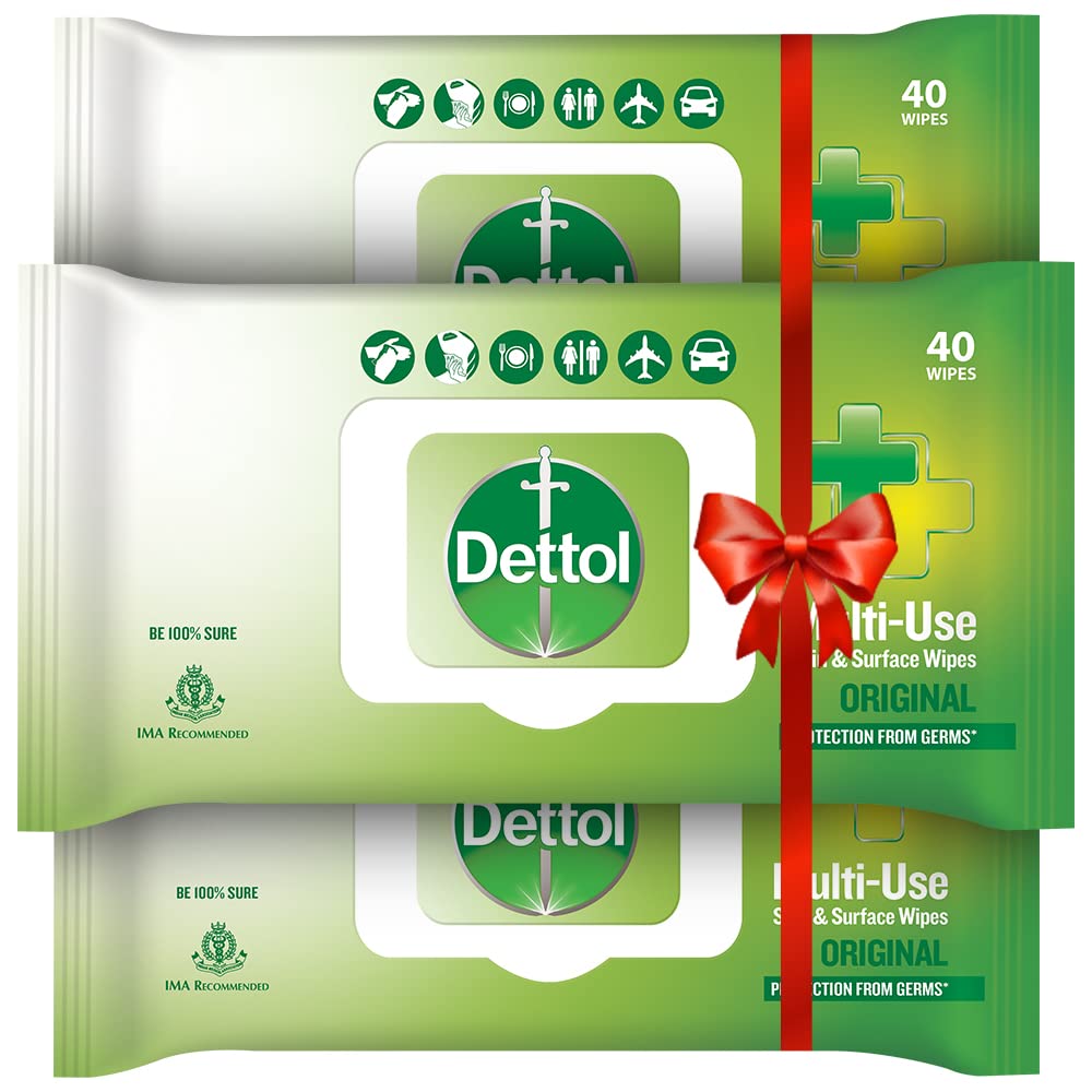 Dettol Germ Protection Wet Wipes for Skin & Surfaces, Original - 40 Count (Pack of 3) | Moisture-Lock Lid