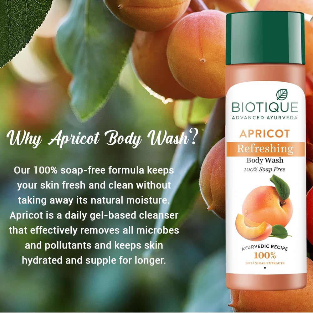 Biotique Bio Apricot Refreshing Body Wash | Keeps Skin Fresh and Clean | Brightens Skin and Reducing Dark Spots | 100% Botanical Extracts | Suitable for All Skin Types | 190ml