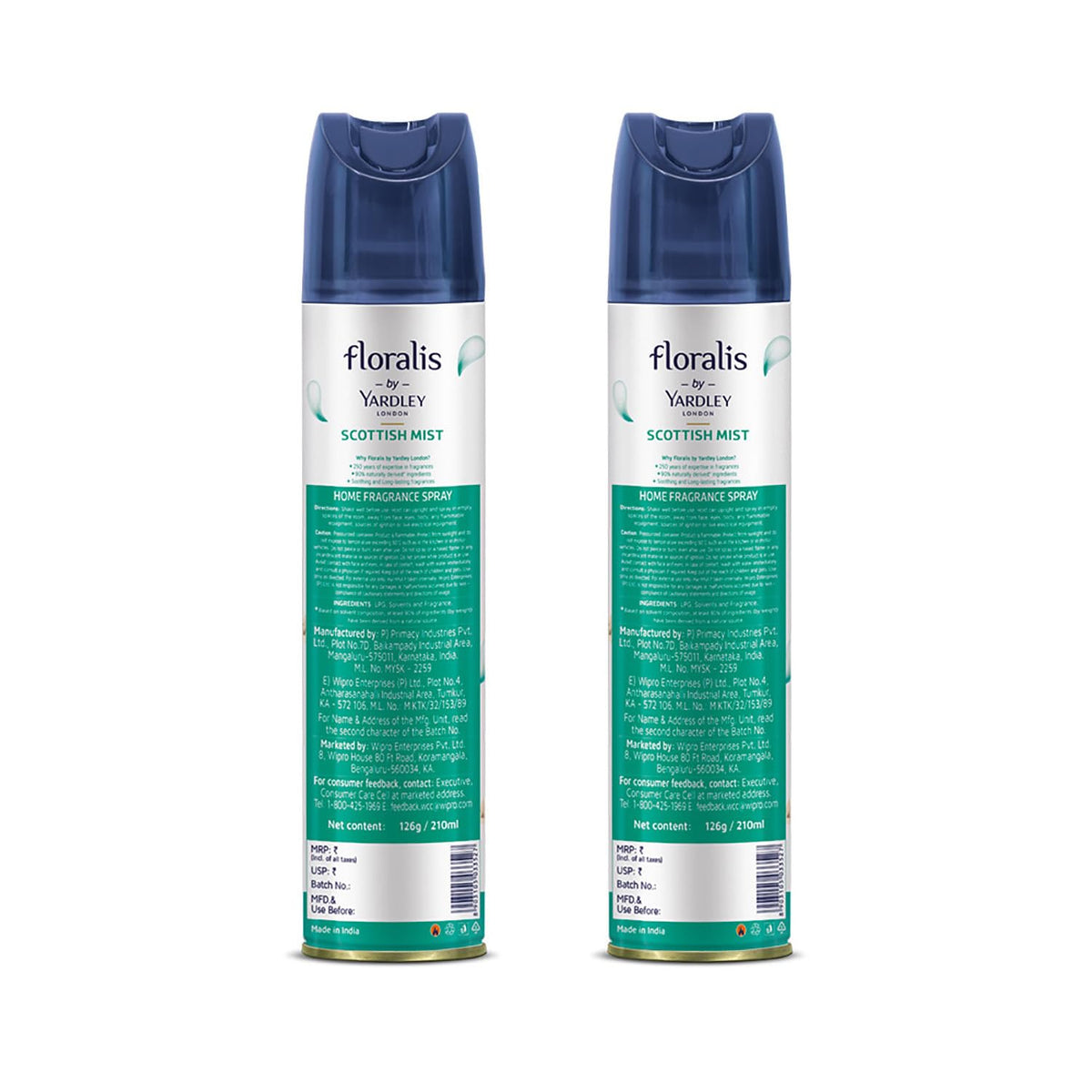 Yardley London Floralis Air Freshener Spray| Scottish Mist| Long Lasting Floral Fragrance For Home & Office| Home Fragrance Spray| 90% Naturally Derived| 210Ml (Pack Of 2)