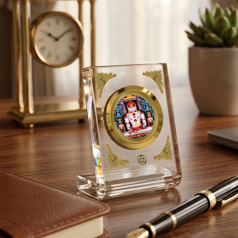 DIVINITI 24K Gold Plated Lord Adinath Acrylic Frame for Car Dashboard, Home Temple & Office Table | Premium Spiritual Gift, Blessings for Protection & Positivity, 8x7 cm Decorative Showpiece