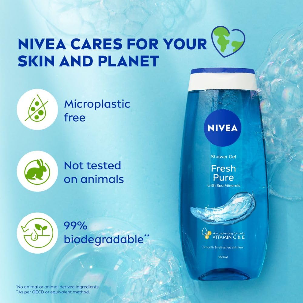 NIVEA Fresh Pure Refreshing Body Wash with Sea Minerals for Fresh, Clean Skin, Pure Glycerin, Vitamins C & E and Care Oil for Lasting Moisture, Shower Gel for Soft & Healthy & Moisturized Skin, 125 ml