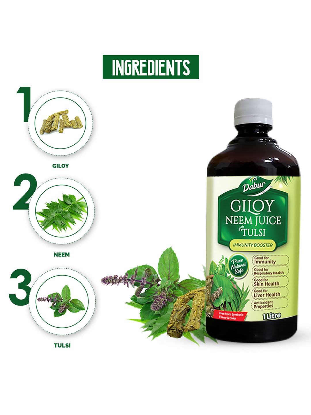 Dabur Giloy Neem Tulsi Juice - 1L | Benefit of 3-in-1 Immunity Boosters| With Power of Giloy, Neem and Tulsi | Pure, Natural and 100% Ayurvedic Juice
