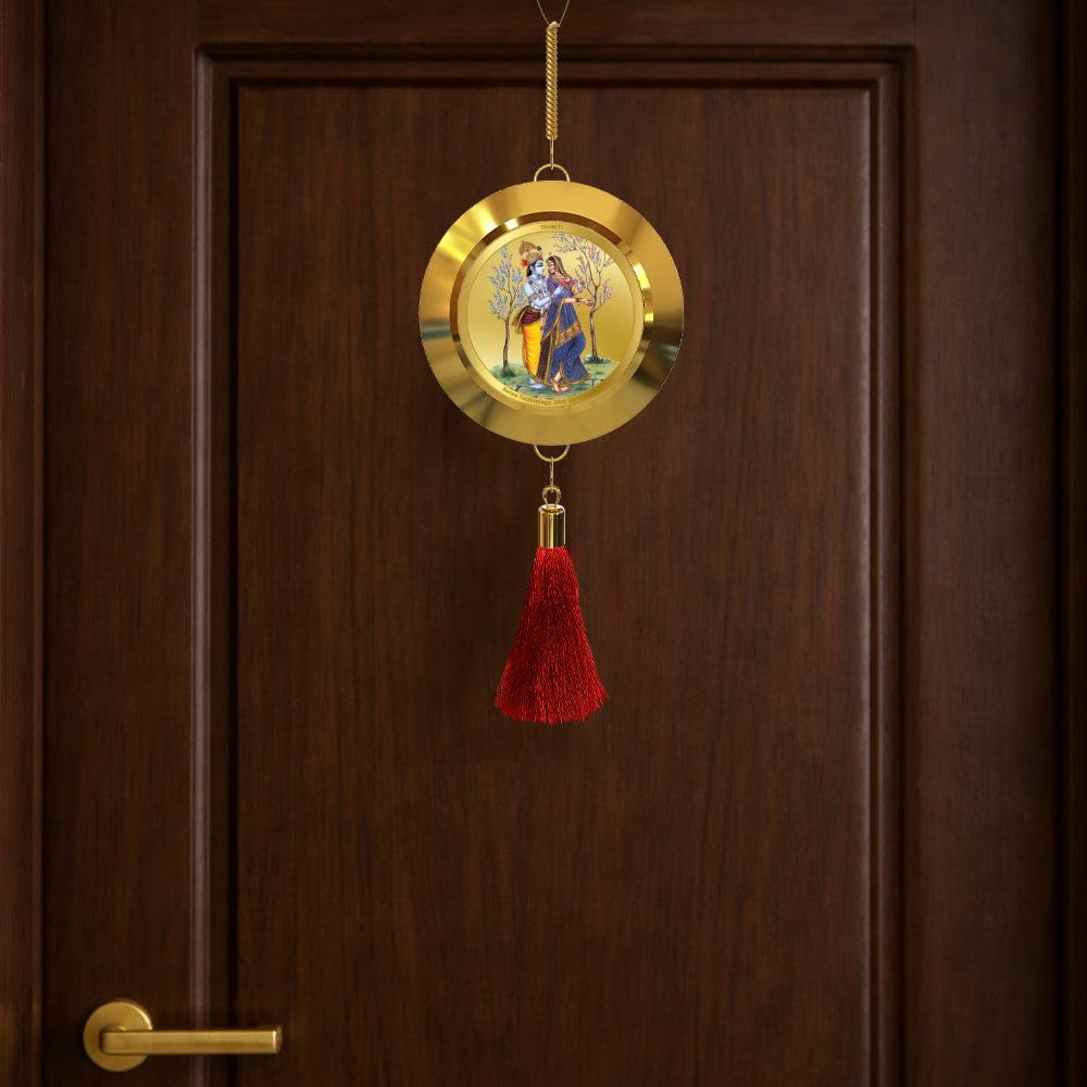 Diviniti 24K Gold Plated Radha Krishna & Bal Gopal Double Sided Hanging for Home Entrance Door, Vastu Spiritual Decor, Religious Hanging, Love, Blessings & Positive Energy Gift Item