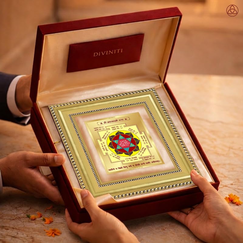 DIVINITI Siddh Energised Maha Lakshmi Yantra | 24k Gold Plated Foil Prosperity Vastu Frame for Home, Office & Puja Room | Premium Gift Box | Spiritual Yantra for Wealth, Fortune & Prosperity | 12 X 11 CM