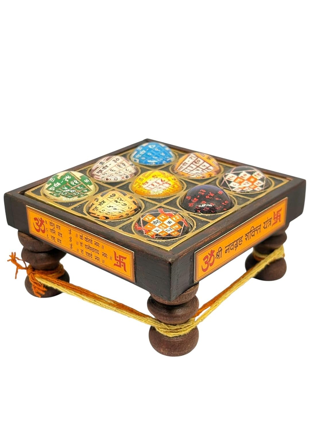 RUDRADIVINE Navgrah Chowki Wooden Base with 3D Glass Yantra – 9 Planet Shanti & Vastu