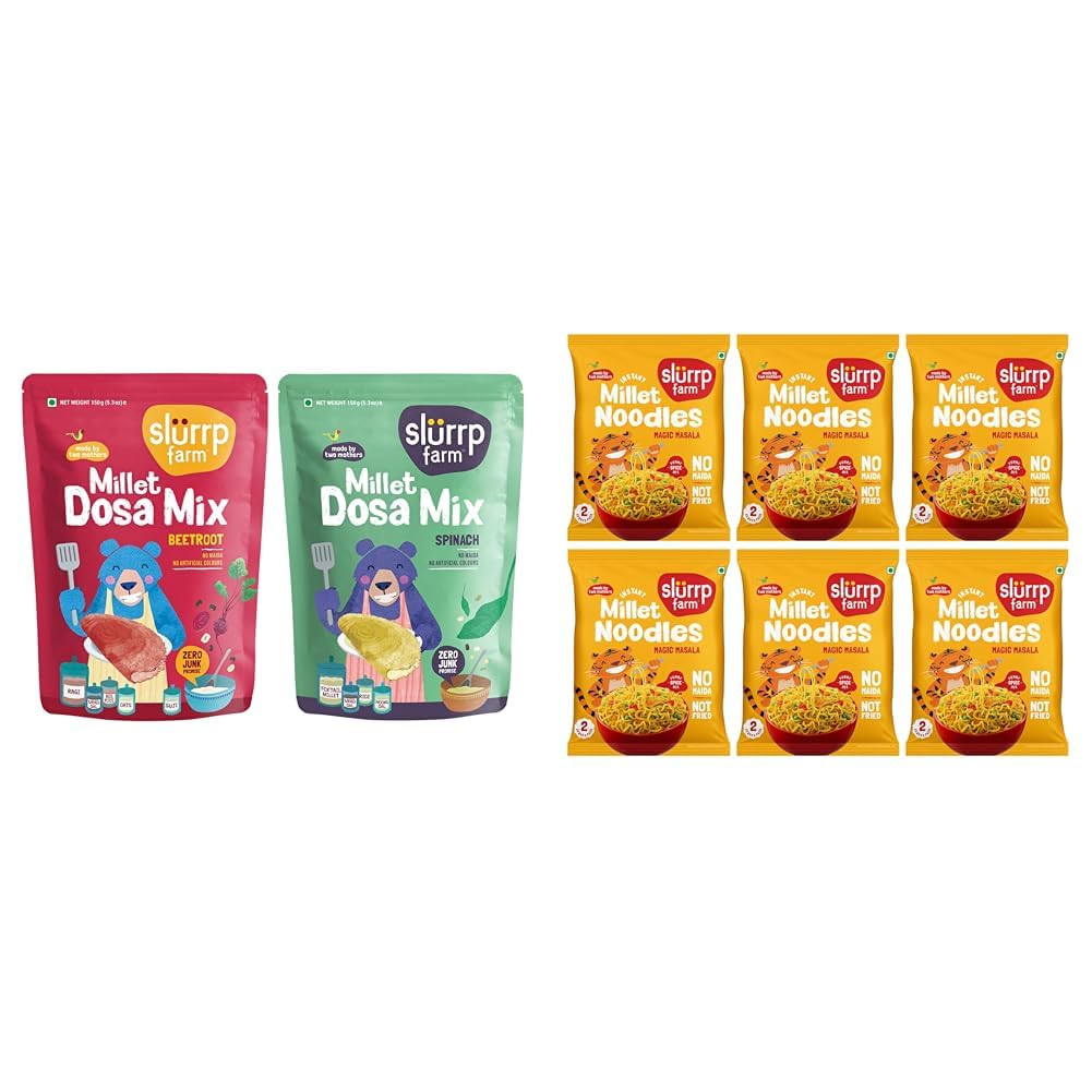 Slurrp Farm Millet Dosa Instant Mix, Supergrains Spinach And Beetroot, Natural And Healthy Food, 150 + Slurrp Farm No Maida, No MSG Instant Noodles | Magic Masala | Not Fried, Millet Noodles, 6 X 57 g