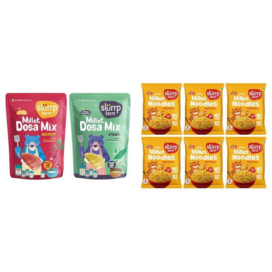 Slurrp Farm Millet Dosa Instant Mix, Supergrains Spinach And Beetroot, Natural And Healthy Food, 150 + Slurrp Farm No Maida, No MSG Instant Noodles | Magic Masala | Not Fried, Millet Noodles, 6 X 57 g