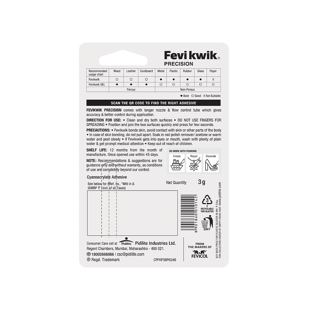 Pidilite Fevikwik Precision 3G | All Purpose Instant Glue For Accurate Repair | Longer Nozzle And Flow Control Tube | Ideal For Metal, Rubber, Ceramic, Glass | Pack Of 4
