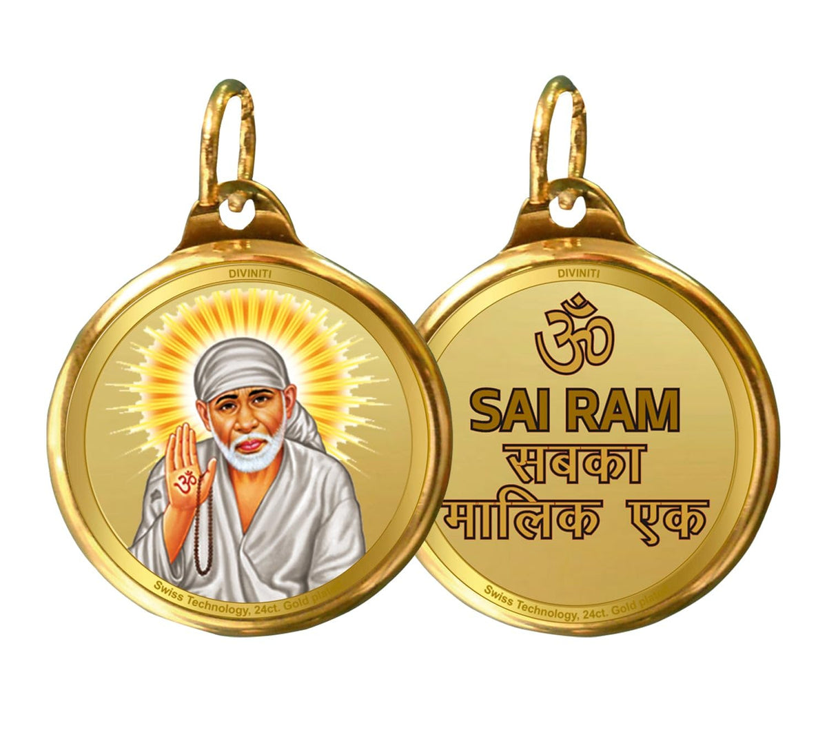 DIVINITI 24K Gold Plated Double-Sided Religious Pendant with Premium Gift Box, Spiritual Locket for Men & Women, Devotional Jewellery for Gifting & Everyday Wear | Sai Baba & Om