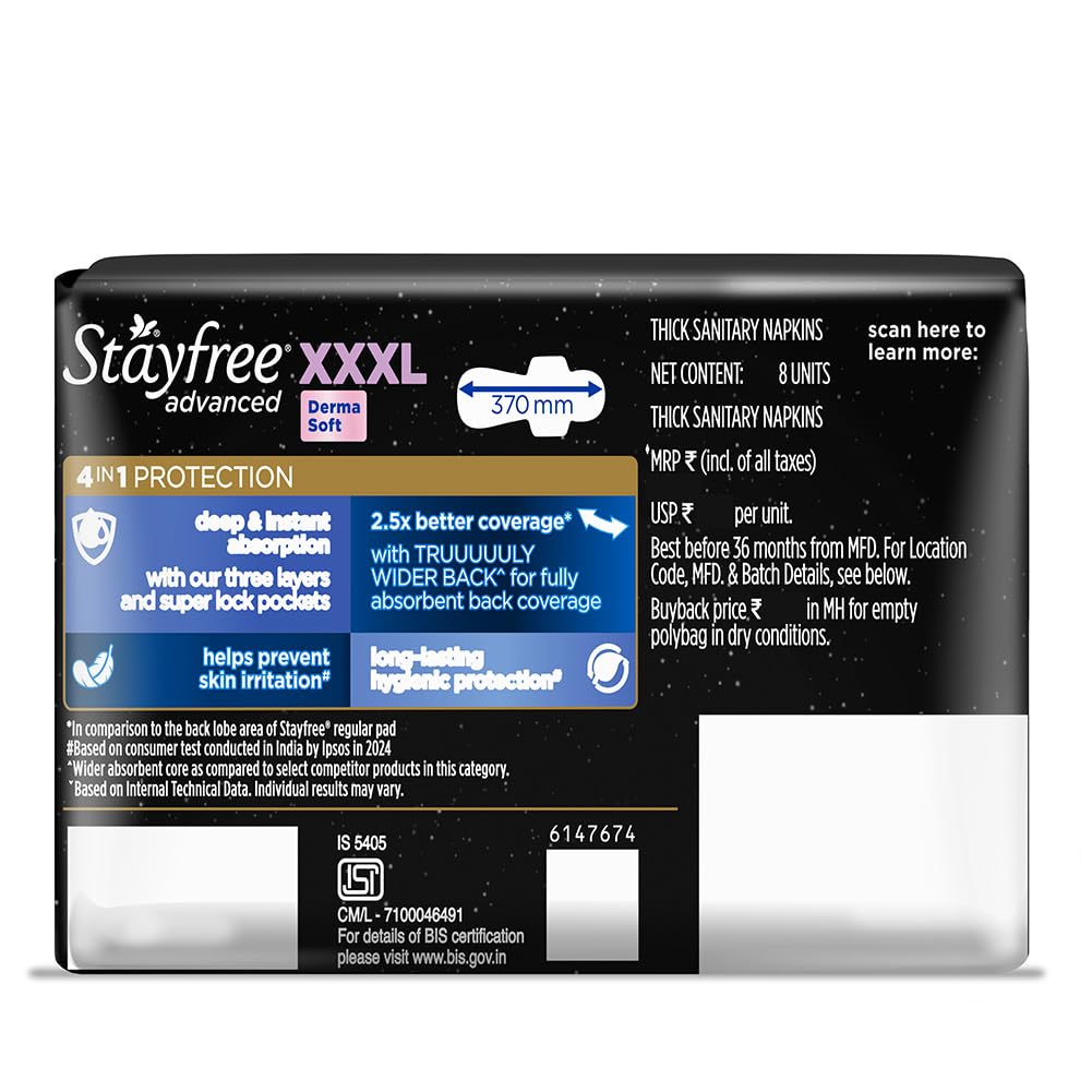Stayfree Advanced XXXL+ Thin Sanitary Pads for Women | 8 Soft Cotton Pads for All Night Ultra Comfort | Absorbs 2x More with Wider Back | Prevent Rashes | Odour Control