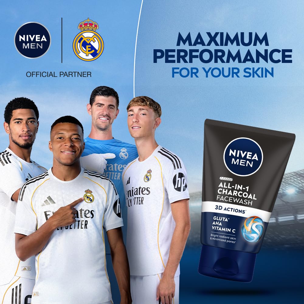 NIVEA MEN All in 1 Charcoal Face Wash | Natural Charcoal, Gluta, AHA & Vitamin C | Helps Reduce the Appearance of Tan | Removes Excess Oil and Minimizes Pores | For Bright Radiant Skin | 100g