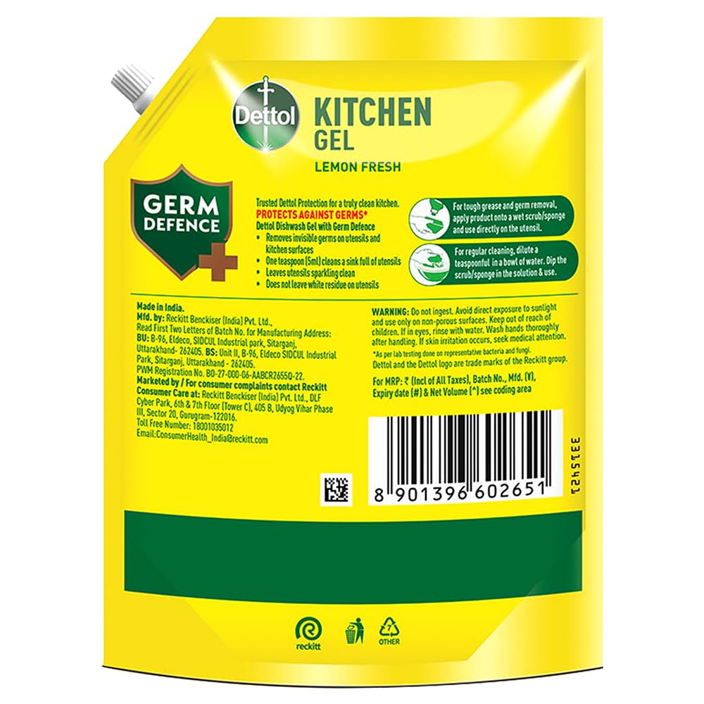 Dettol Dishwash liquid and Kitchen Gel | Cuts Tough Grease | Remove germs | Lemon Fragrance | 1500ml (Refill Pack)