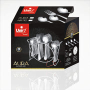 Parage 25 Pieces Aura Stainless Steel Cutlery Set with Stand for Home & Kitchen (Contains: 6 Table Spoons, 6 Forks, 6 Tea Spoons, 6 Dinner Spoons, 1 Stand), Silver