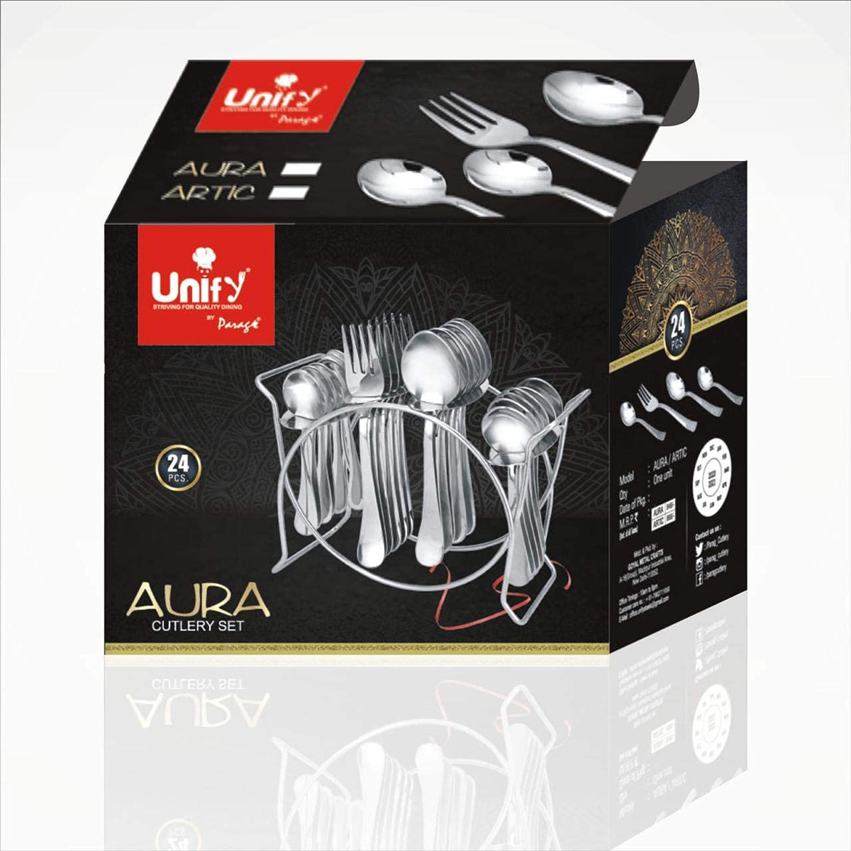 Parage 25 Pieces Aura Stainless Steel Cutlery Set with Stand for Home & Kitchen (Contains: 6 Table Spoons, 6 Forks, 6 Tea Spoons, 6 Dinner Spoons, 1 Stand), Silver
